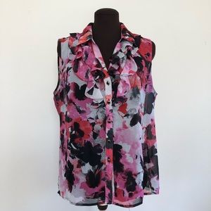 Tahari Pink/Black Floral Ruffle Blouse Size XL